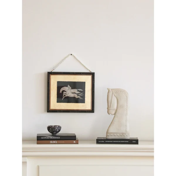 Neoclassical Horse Head and Framed Horse Print Set in oatmeal — in a room setting