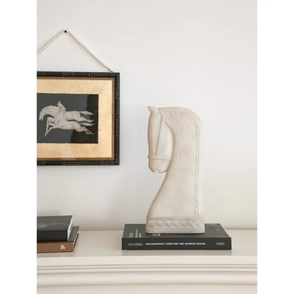 Neoclassical Horse Head and Framed Horse Print Set in oatmeal — in a room setting