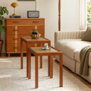 Red Oak Nesting Tables Pair with Ceramic Tile Tops in natural oak — front view