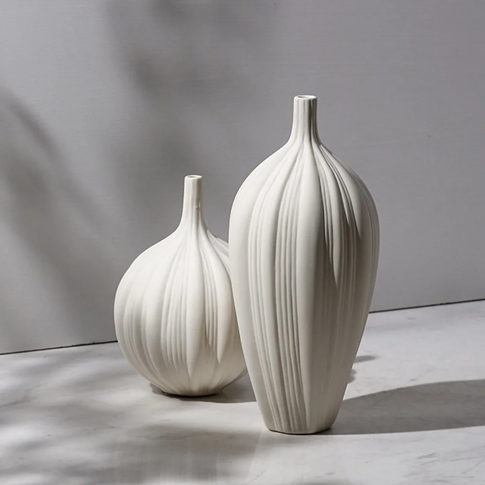Bisque White Ribbed Bud Vases, Tall, Medium or Short in ivory — front view