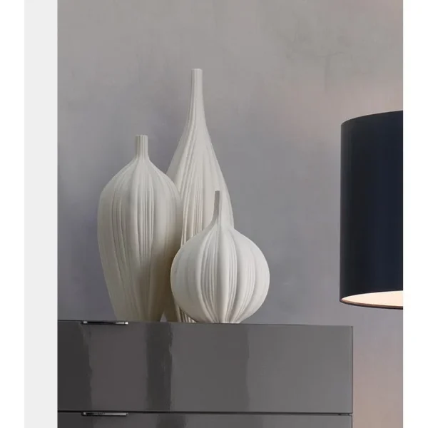 Bisque White Ribbed Bud Vases, Tall, Medium or Short in ivory — in a room setting