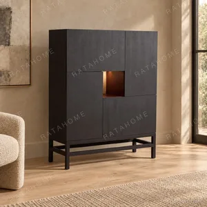 New Chinese Black Solid Wood Tall Cabinet in black — in a room setting