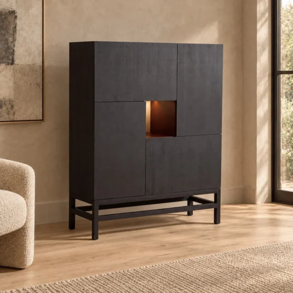 New Chinese Black Solid Wood Tall Cabinet in black — in a room setting