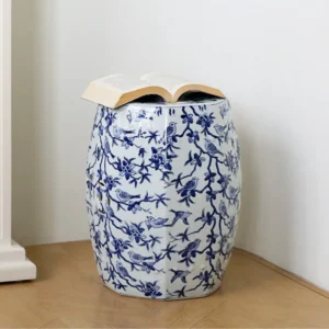 Blue and White Bird and Blossom Ceramic Drum Stool in blue — front view