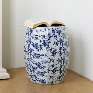 Hexagonal Blue and White Bird and Blossom Ceramic Stool in blue — front view