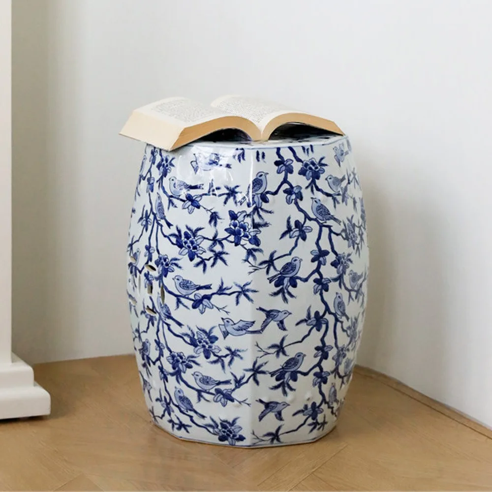 Hexagonal Blue and White Bird and Blossom Ceramic Stool in blue — front view