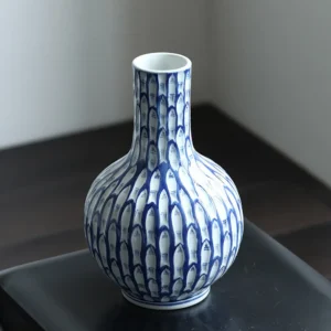 Blue and White Fish-Scale Hand-Painted Ceramic Bottle Vase in blue — front view