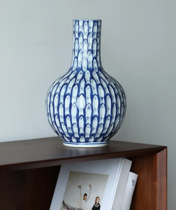 Blue and White Fish-Scale Hand-Painted Ceramic Bottle Vase in blue — in a room setting