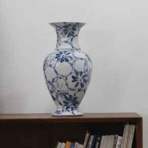 Hand-Painted Blue and White Gilded Fishtail Floor Vase in blue — front view