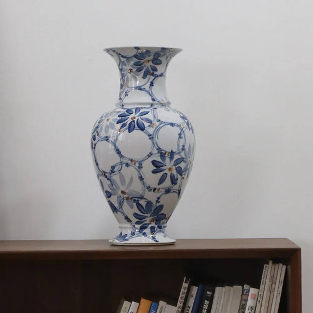 Hand-Painted Blue and White Gilded Fishtail Floor Vase in blue — front view