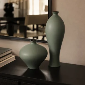 Designer Matte Celadon Ceramic Vases, Apple or Willow-Leaf in olive — front view