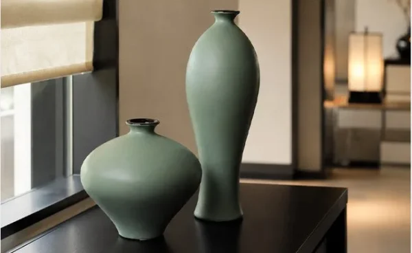 Designer Matte Celadon Ceramic Vases, Apple or Willow-Leaf in olive — in a room setting