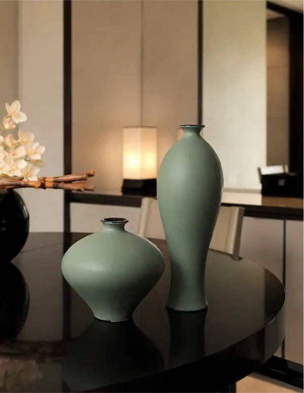 Designer Matte Celadon Ceramic Vases, Apple or Willow-Leaf in olive — in a room setting
