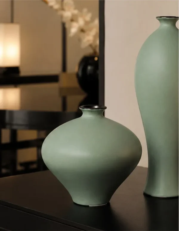 Designer Matte Celadon Ceramic Vases, Apple or Willow-Leaf in olive — in a room setting