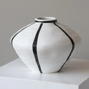 White Ceramic Lantern Vase with Black Lines, Medium in ivory — front view