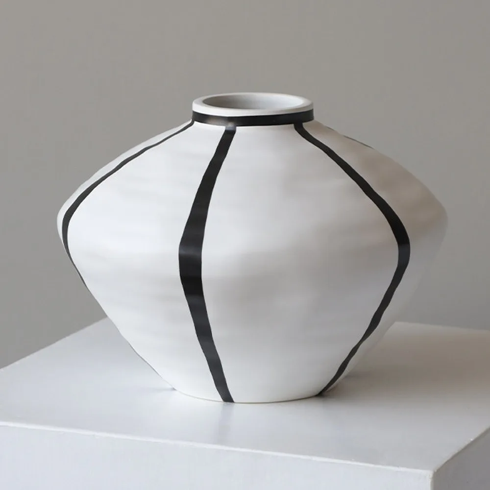 White Ceramic Lantern Vase with Black Lines, Medium in ivory — front view