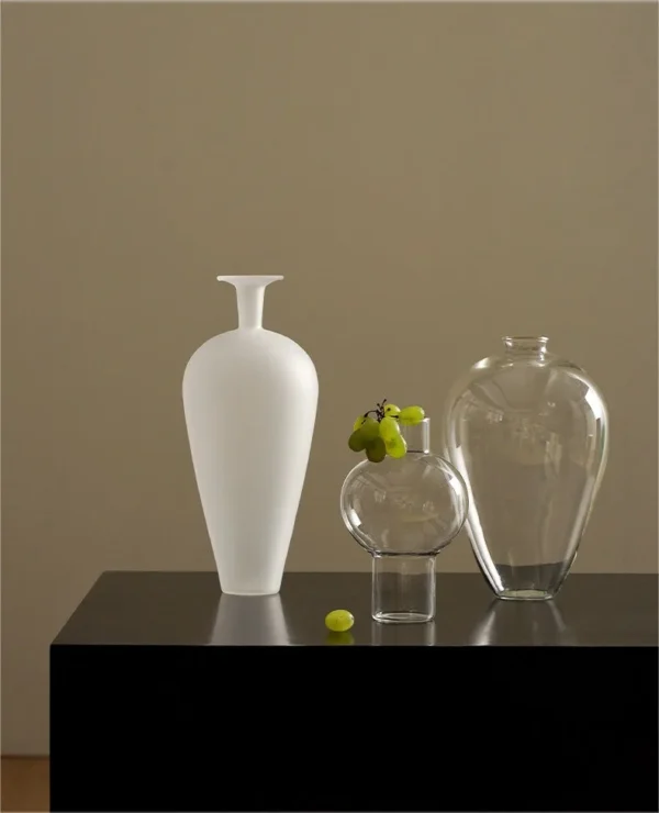 Clear Borosilicate Glass Vases in ivory — in a room setting