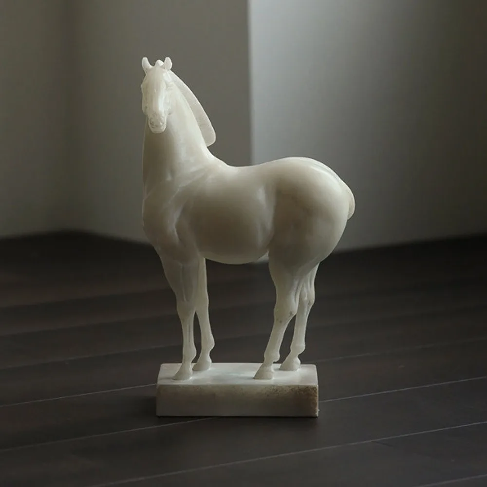 Jade-Effect White Horse Sculpture on Plinth in ivory — front view