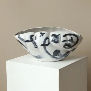 Jingdezhen Black Ink Brushed Scalloped Planter Bowl, Large in ivory — front view
