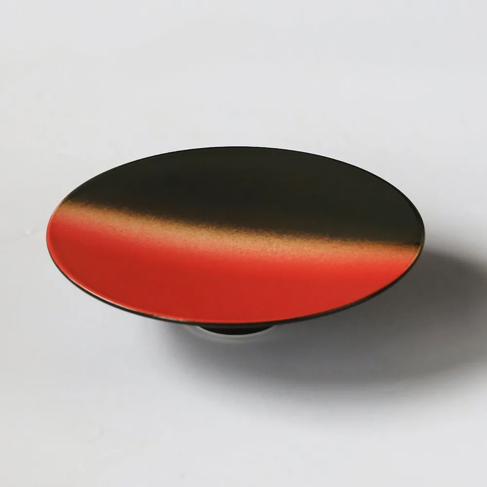 Kiln-Glaze Footed Dessert Plate in Red, Green and Sand Gold — front view