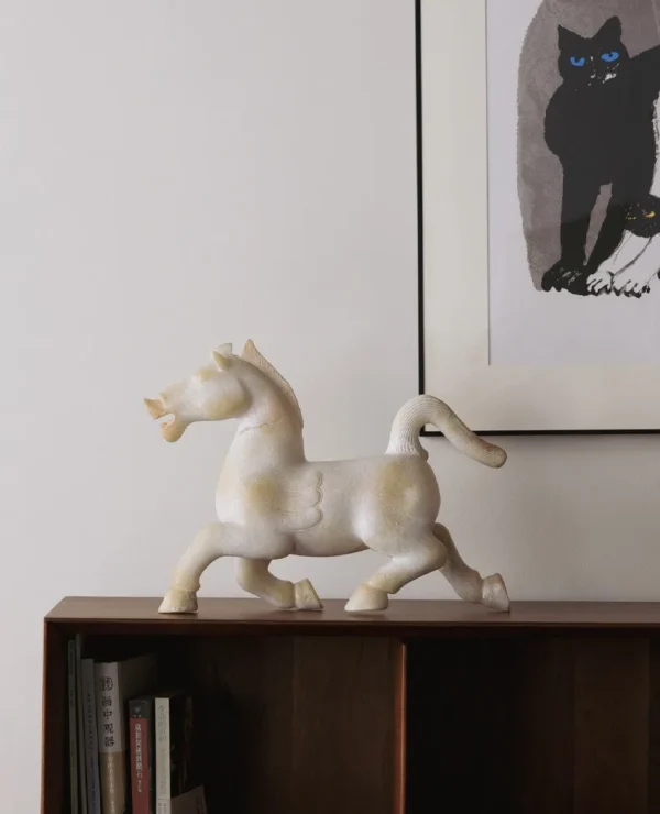 Galloping Horse Sculpture in Jade-Effect Resin — in a room setting