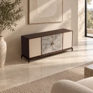 Modern Chinese Sideboard with Stone and Fabric Doors in clay — in a room setting