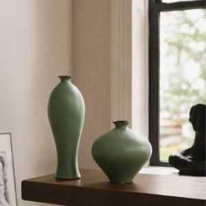 Designer Matte Celadon Vases in olive — front view