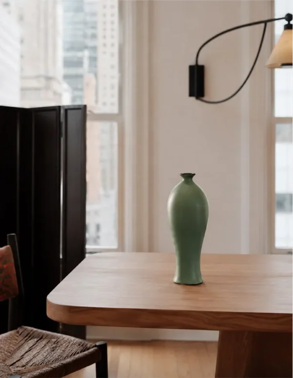 Designer Matte Celadon Vases in olive — in a room setting