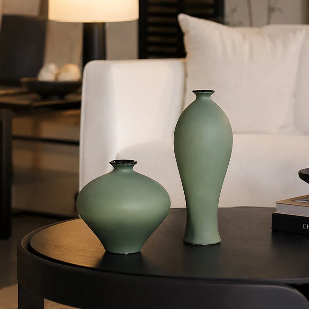 Designer Mist Green Ceramic Vases in olive — front view