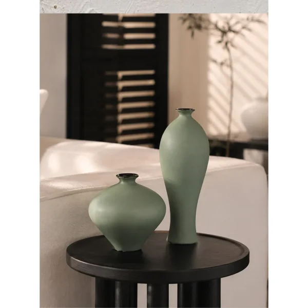 Designer Mist Green Ceramic Vases in olive — in a room setting