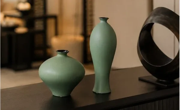 Designer Mist Green Ceramic Vases in olive — in a room setting