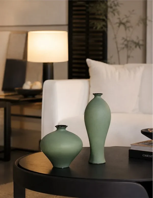 Designer Mist Green Ceramic Vases in olive — in a room setting