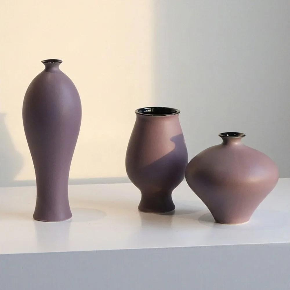 Purple Matte Ceramic Vase Trio in Song Forms — front view
