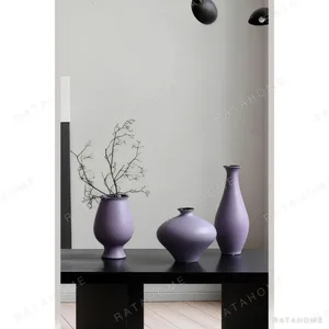 Purple Matte Ceramic Vase Trio in Song Forms — in a room setting