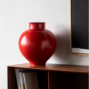 Cinnabar Red Glossy Round-Belly Ceramic Vase with Flared Lip in red — front view