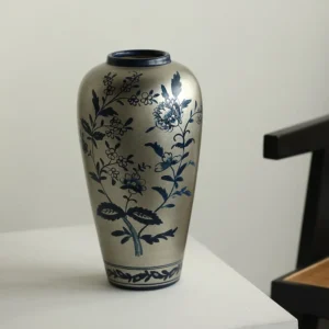 Silver-Ground Blue Floral Hand-Painted Ceramic Vase in silver — front view