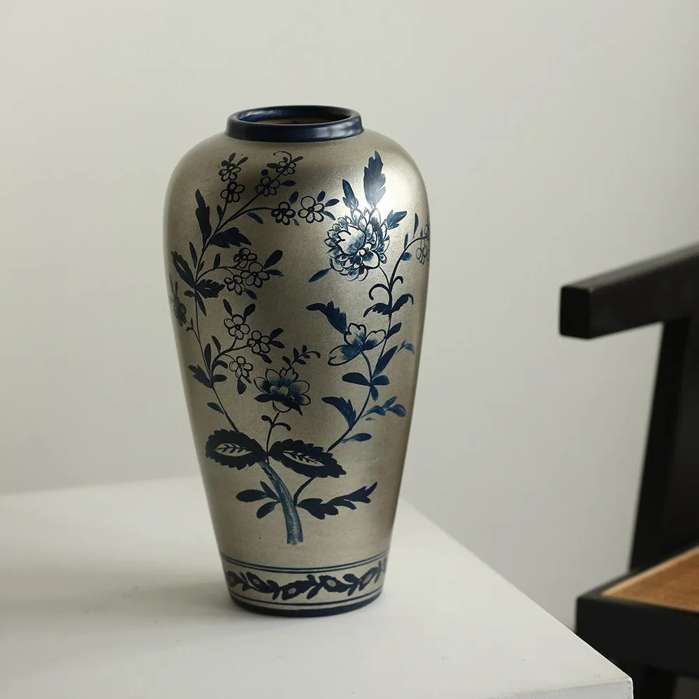 Silver-Ground Blue Floral Hand-Painted Ceramic Vase in silver — front view