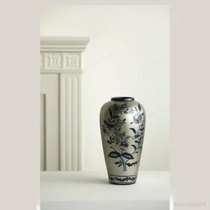 Silver-Ground Blue Floral Hand-Painted Ceramic Vase in silver — in a room setting