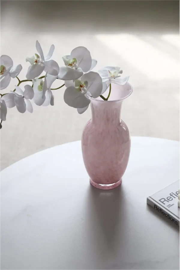 Song Aesthetic Pink Marbled Glass Vase, Narrow or Wide Mouth in rose stone — in a room setting