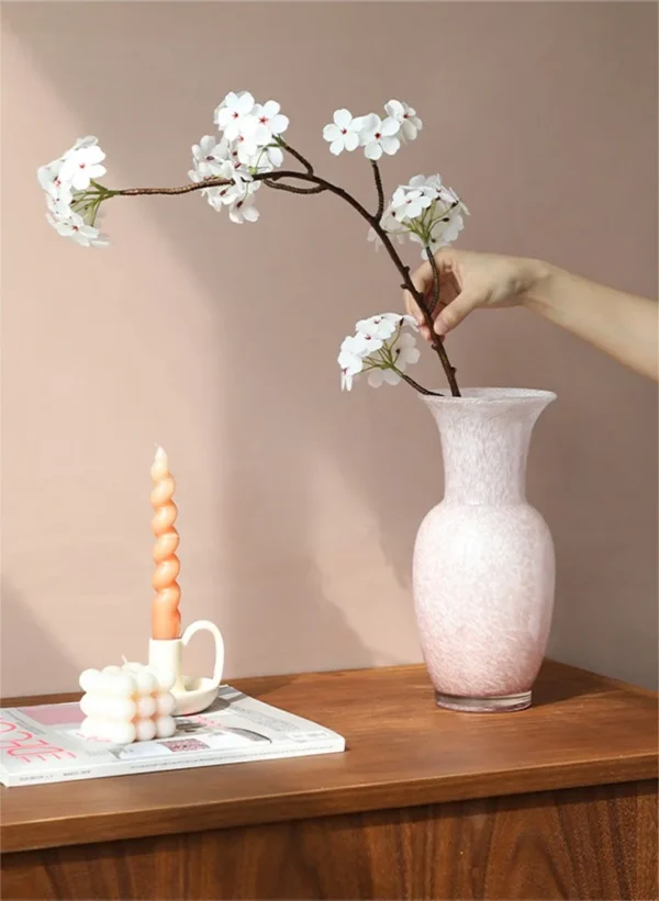 Song Aesthetic Pink Marbled Glass Vase, Narrow or Wide Mouth in rose stone — in a room setting