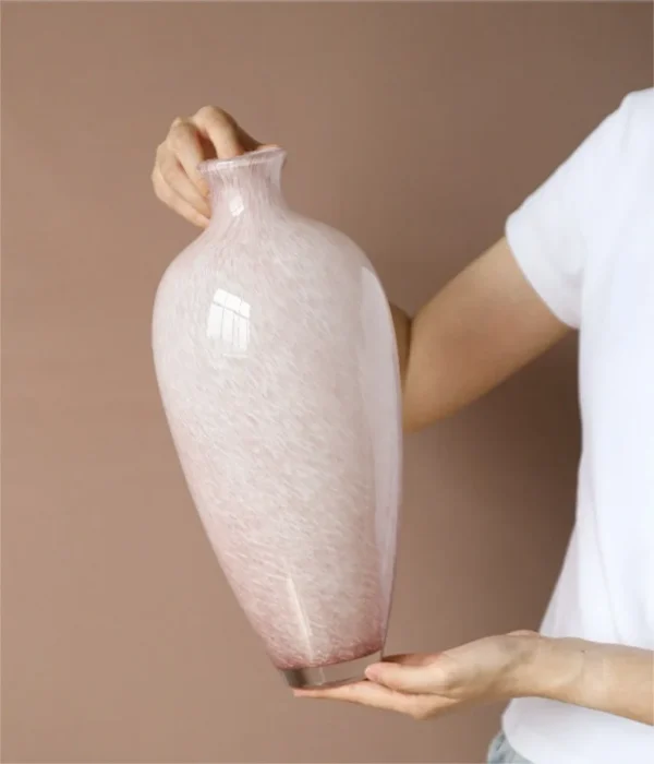 Song Aesthetic Pink Marbled Glass Vase, Narrow or Wide Mouth in rose stone — in a room setting