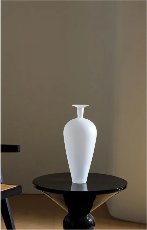 Frosted Borosilicate Glass Plum Bottle Vase, Medium in ivory — in a room setting