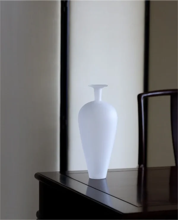 Frosted Borosilicate Glass Plum Bottle Vase, Medium in ivory — in a room setting