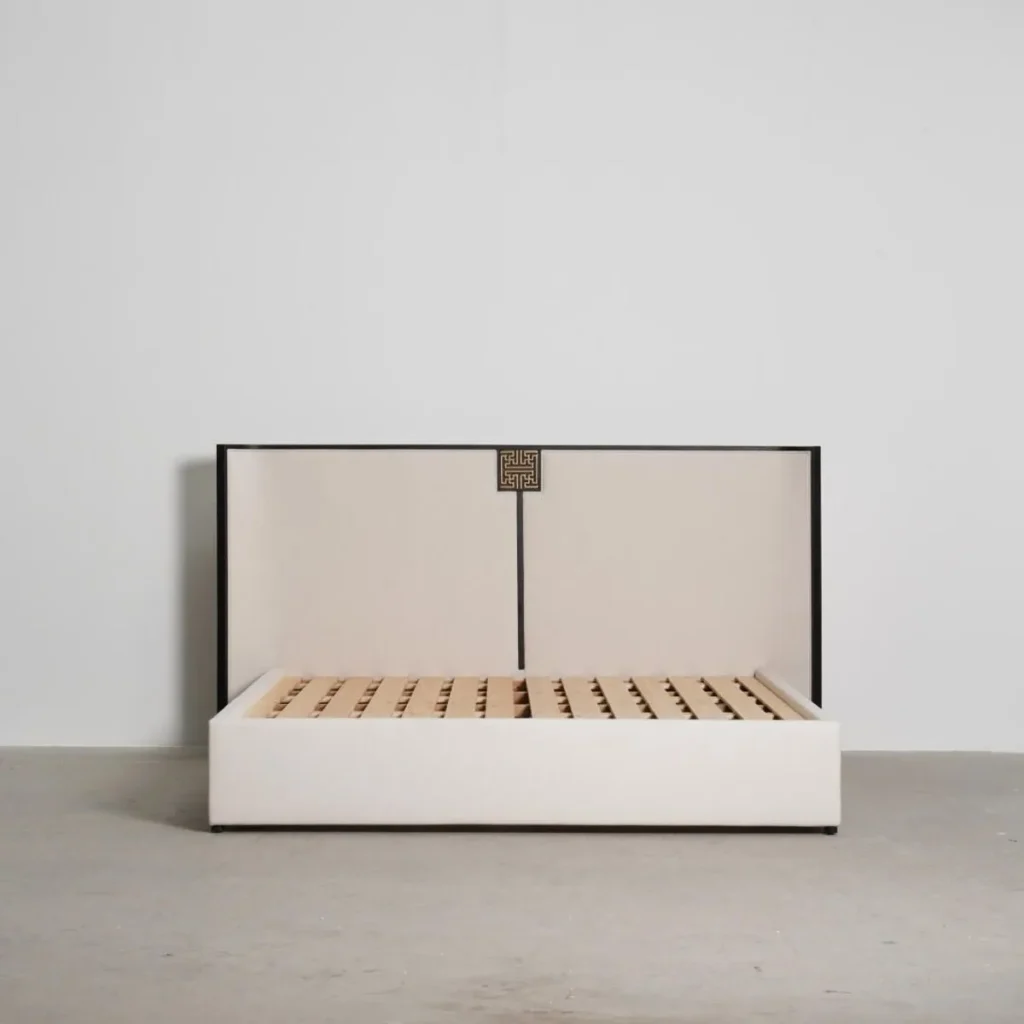 Modern Chinese Lacquered Bed with Curved Screen Headboard in black — front view