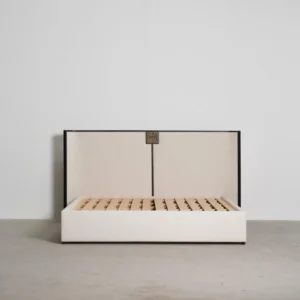 Modern Chinese Lacquered Bed with Curved Screen Headboard in black — front view
