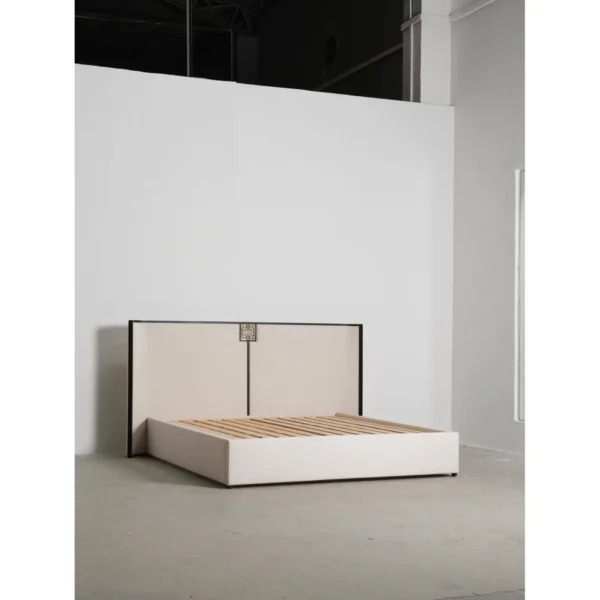 Modern Chinese Lacquered Bed with Curved Screen Headboard in black — in a room setting