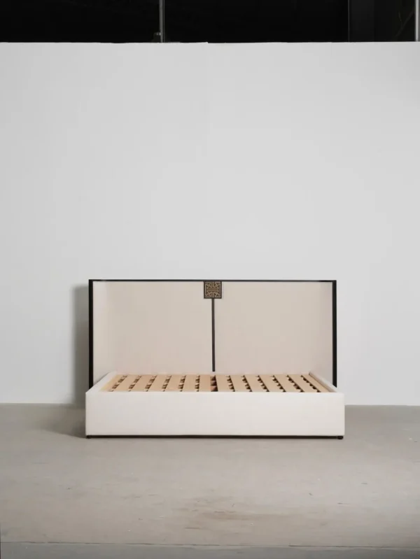 Modern Chinese Lacquered Bed with Curved Screen Headboard in black — in a room setting