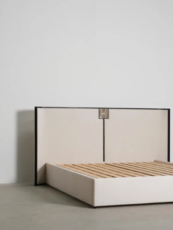 Modern Chinese Lacquered Bed with Curved Screen Headboard in black — in a room setting