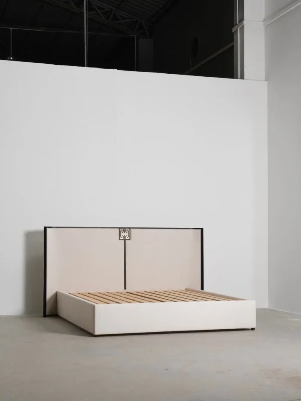 Modern Chinese Lacquered Bed with Curved Screen Headboard in black — in a room setting