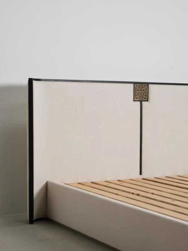 Modern Chinese Lacquered Bed with Curved Screen Headboard in black — detail
